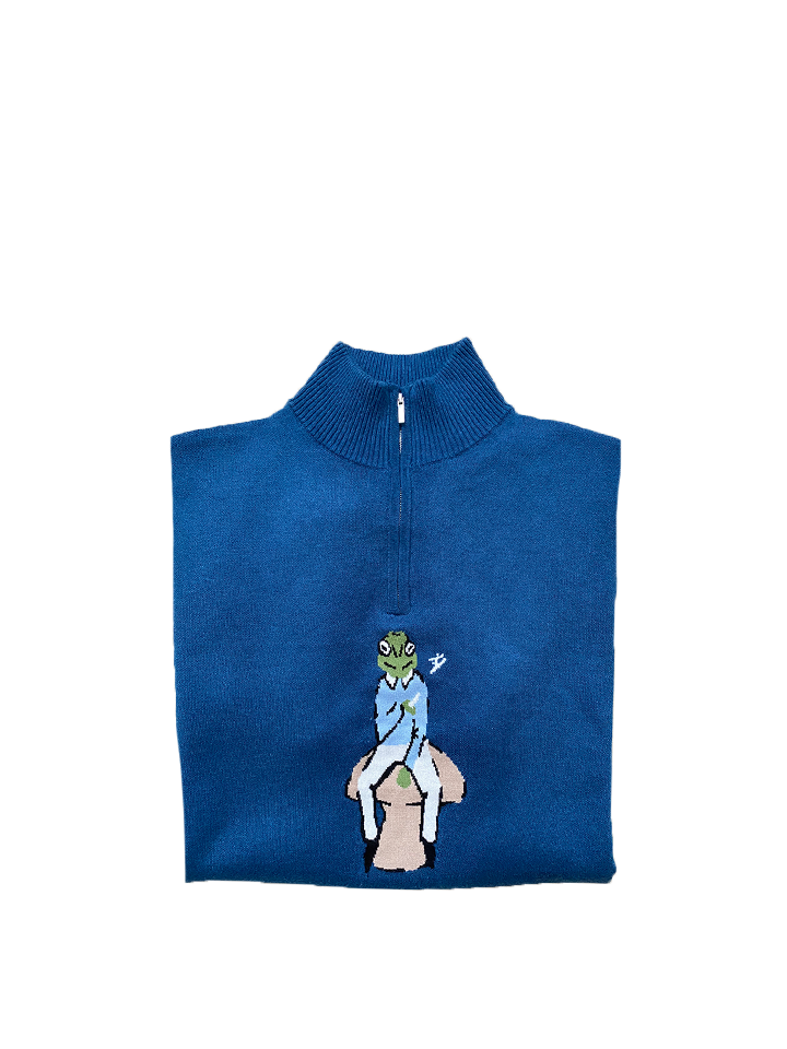 Blue Knit Qtr-Zip Frog Sweater