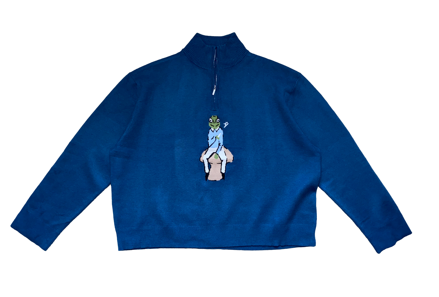 Blue Knit Qtr-Zip Frog Sweater