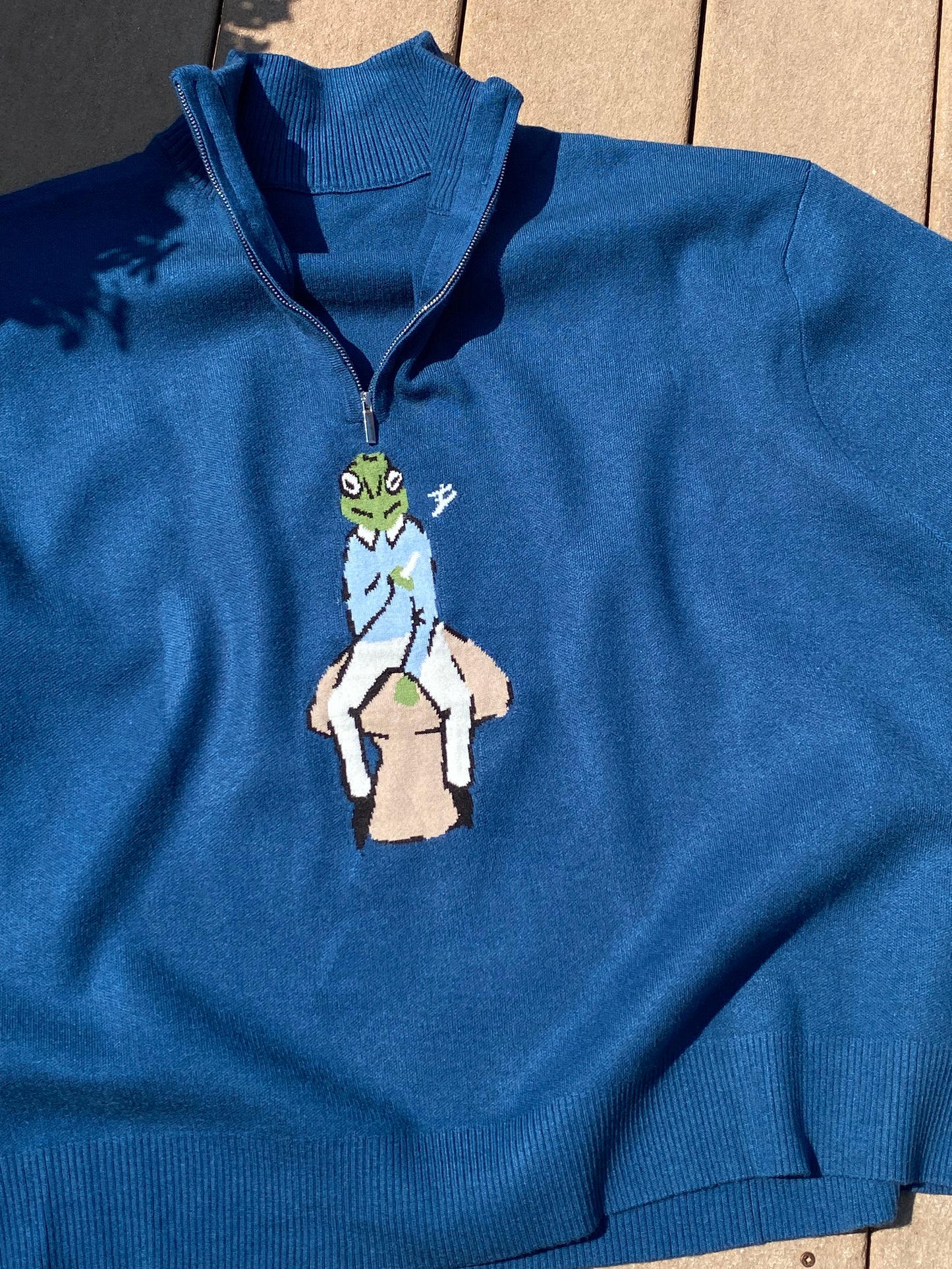 Blue Knit Qtr-Zip Frog Sweater
